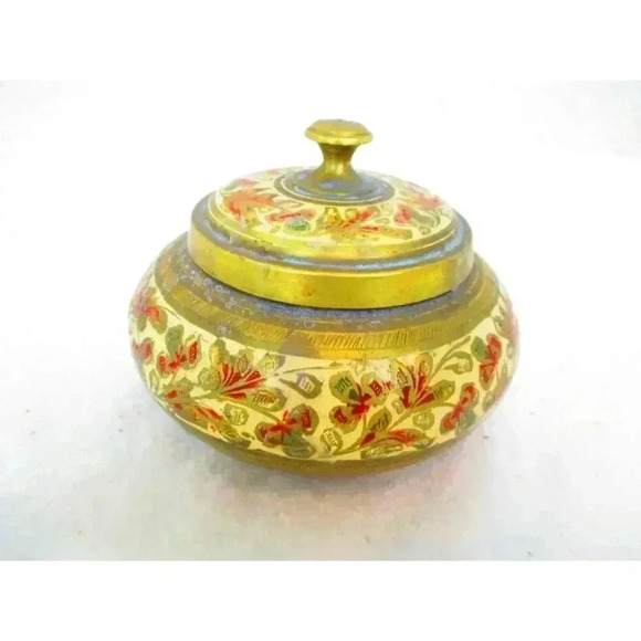 Enameled brass jar with lid, etched painted‎ India Trinket keepsake colorful red - Picture 6 of 7